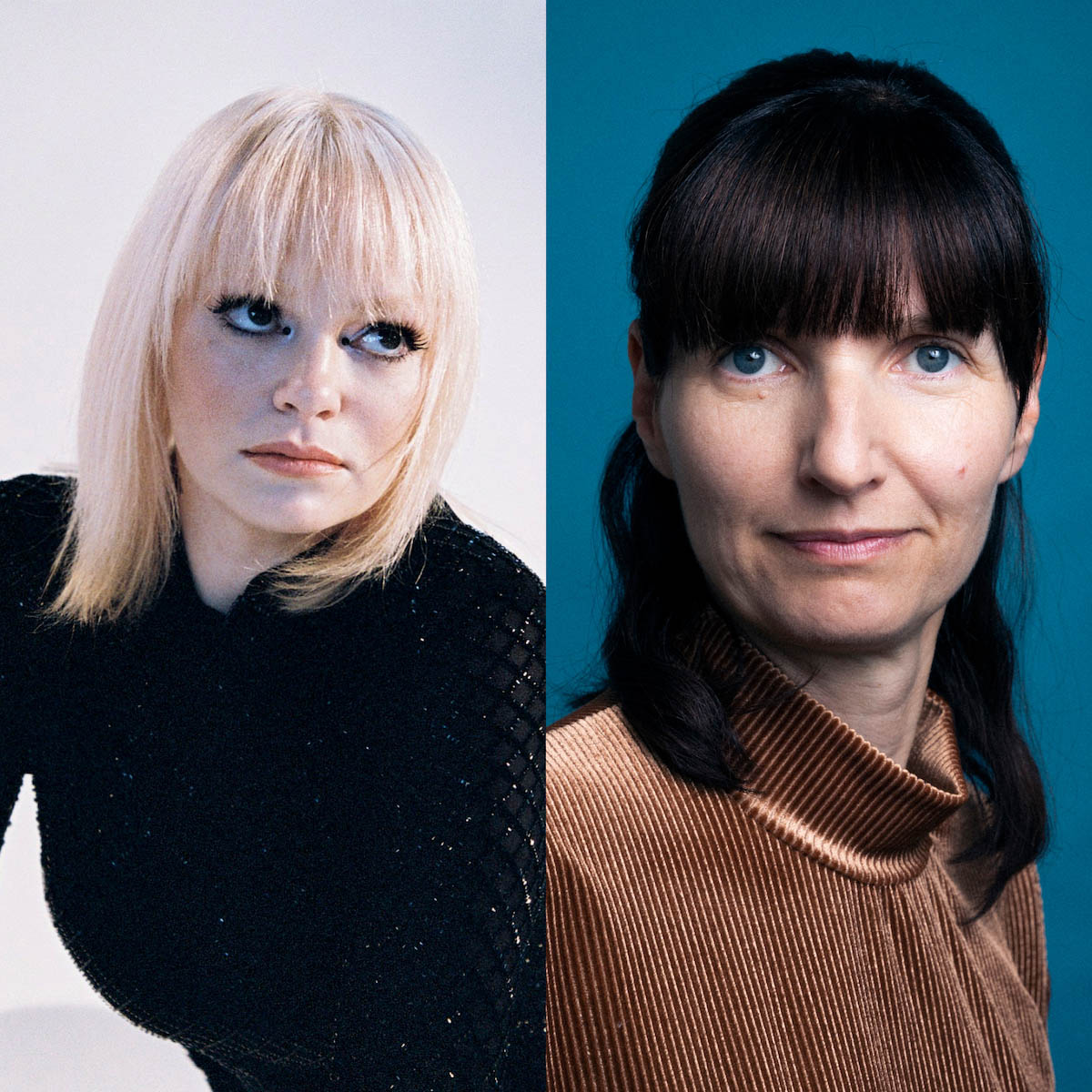 Collage of two pictures, on the right is Uffie, a white woman with blonde shoulder-length hair and fringes. She is looking to the right side of the picture and slightly upwards. She is wearing a black, glittery, skin-tight dress with long sleeves. On the right is Sonja Eismann, a white woman with brown fringes and shoulder-length hair. She looks into the camera with piercing blue eyes. The background is also blue. She is wearing a bronze-coloured top with a high collar.