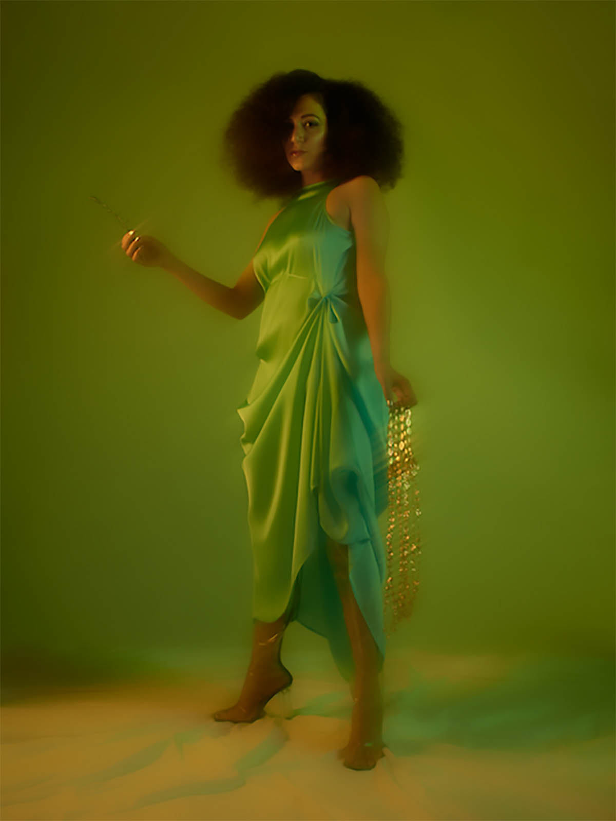 A woman with black, voluminous afro curls stands upright in the centre of the picture, looking into the camera. Her right eye is covered by her hair. It is houaïda, wearing a light green, silk, shoulderless dress that is high-collared. There is a gathering at the waist on the left that pulls the skirt part up on one side. She wears transparent colourless high heel boots. Her fingernails are painted gold. In her right hand she holds what looks like a branch in front of herself, her left hand is hanging next to her body and she holds long golden jewellery chains. The background is green to match her dress.