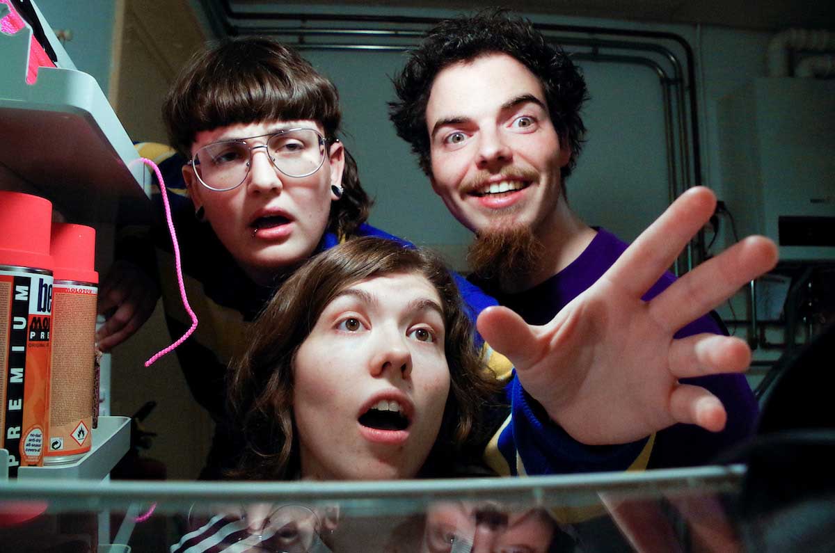 View from a shelf of a refrigerator of the three members of the band Jealous, who have opened the refrigerator door and are staring inside. You can only see the three heads, the white person on the left is wearing brown fringe, large glasses with thin silver frames and a lip piercing. Her mouth is open in astonishment and she is reaching a hand into the fridge. To her right is a smiling man with short brown hair, a goatee and moustache, his eyes also widening in amazement. In front of them is another white woman with brown hair of medium length with her mouth open in surprise. It is not apparent what is so astonishing to the three of them. In the door on the left are two spray cans with neon orange caps.