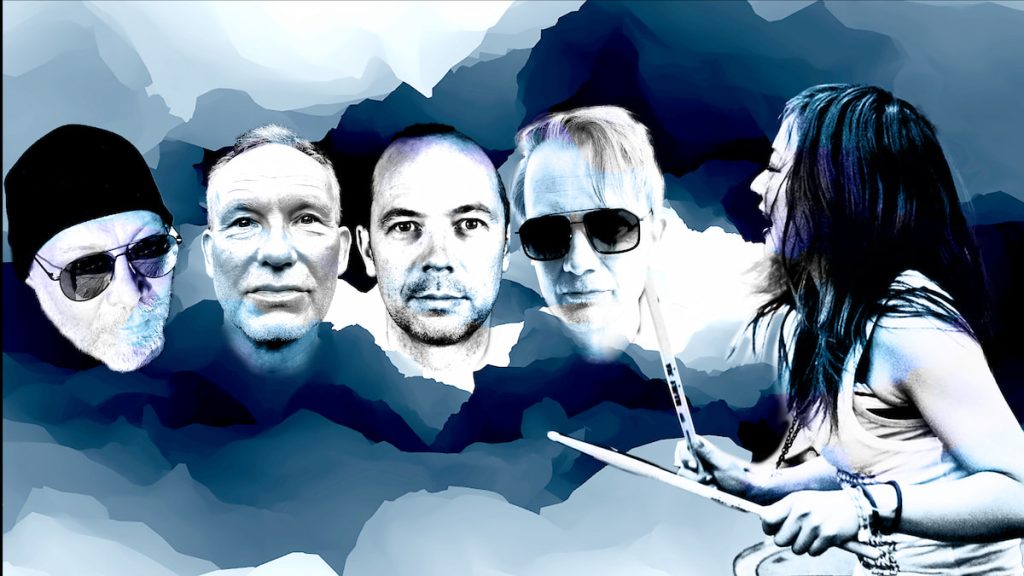 Monochrome collage of the cropped heads of four white men - including Schneider TM and Lillevan - next to each other, the two on the outside wearing sunglasses, the one on the left a beanie. To the right is a woman holding and playing drumsticks. Mountainous shapes in white, grey and black serve as the background.